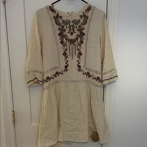 Anthropologie Cream Embroidered drop waist Mini Dress